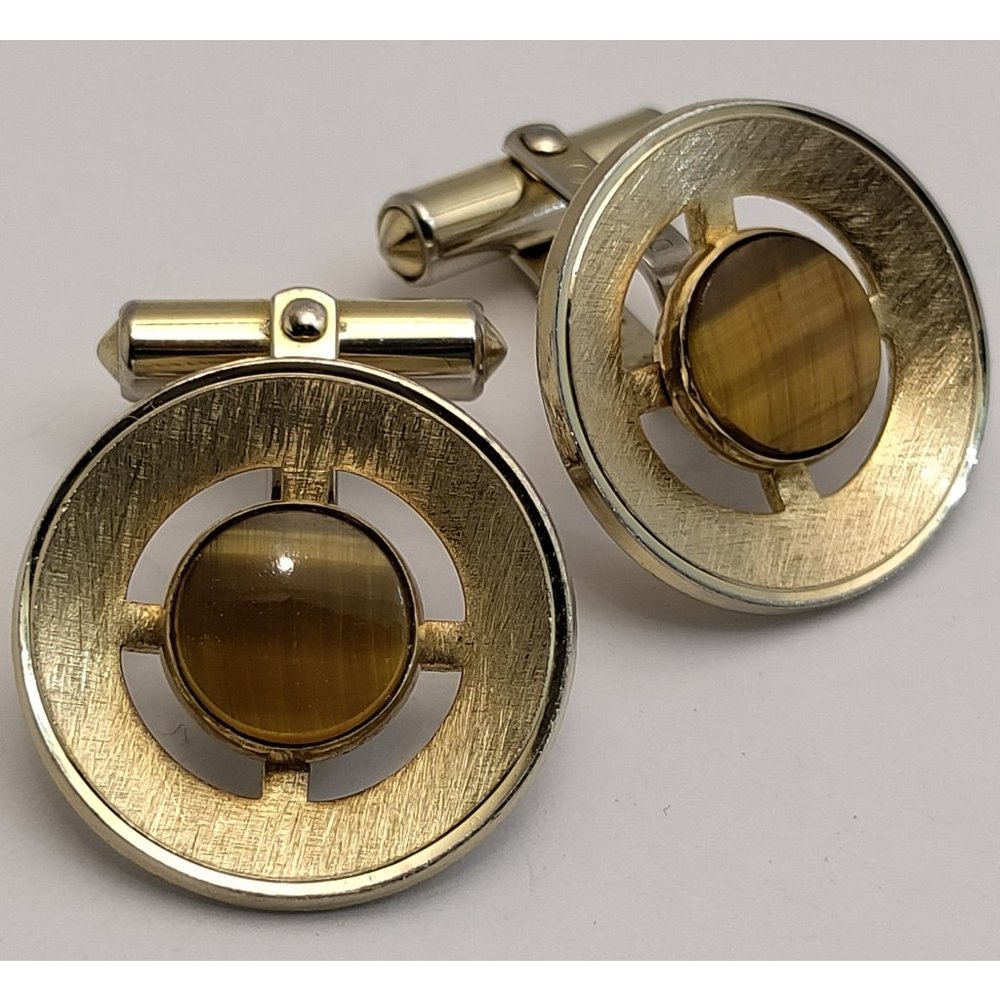 Vintage Mid Century Signed Destino Tigers Eye Disc Cufflinks